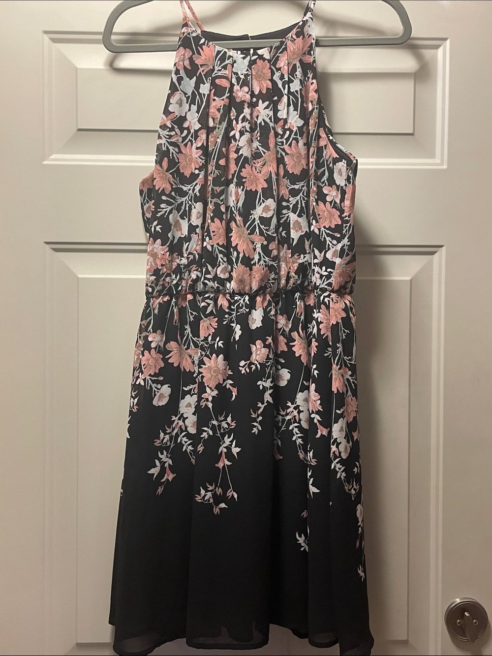 Maurices Black Floral Halter Sundress with Pink and White Flowers C7